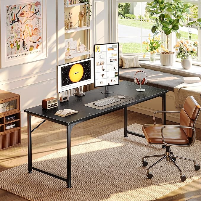PRAISUN 55 Inch Computer Desk, Home Office Desk with Spacious Desktop, Modern Gaming Desk, Writing Study Table for Bedroom, Small Spaces, Work from Home Desk with Metal Frame, Black