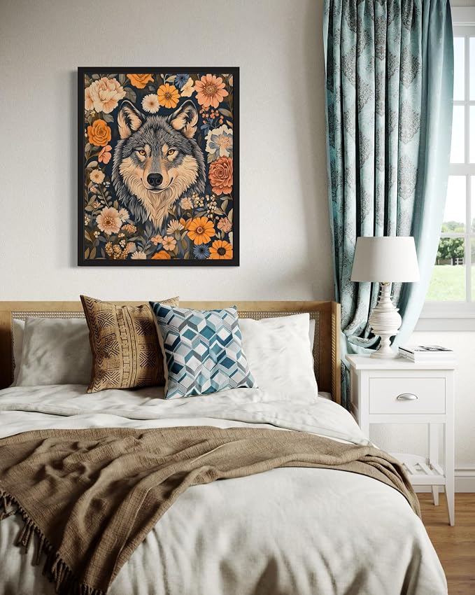 Wolf Art Print Poster, William Morris Style Retro Mid Century Botanical Victorian Dark Academia Gothic Decor Gallery 10b (Wolf, 18 x 24 inches, Black Frame)