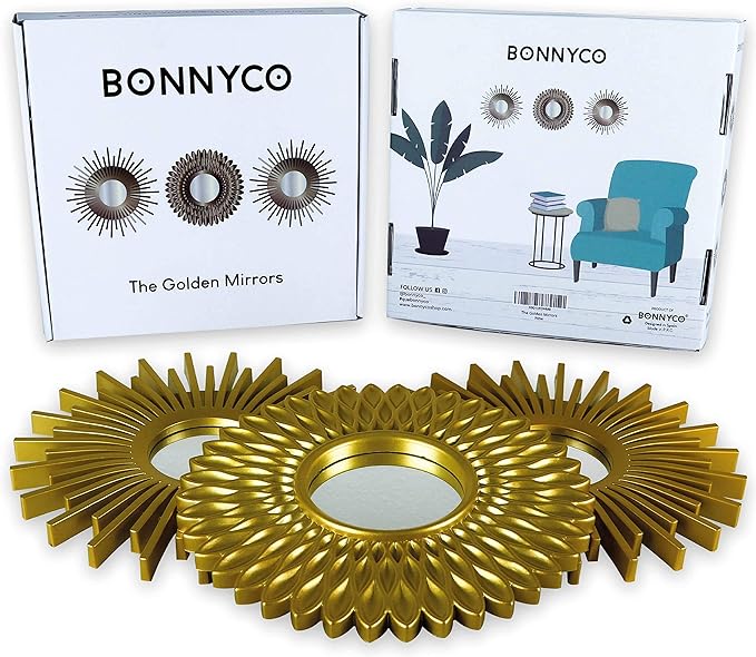 BONNYCO Gold Mirrors for Wall Pack of 3, Round Wall Mirrors Bedroom Room and Home Decor. Espejos Decorativos de Pared Sala Dormitorio, Modern Minimalist Decor Vintage, Chic. Gifts for Women, Mums