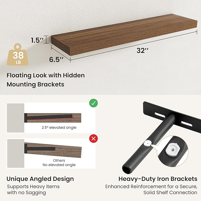 Fun Memories Rustic Wood Floating Shelves for Wall, Space-Saving Wall Mounted Shelves for Bathroom, Bedroom, Living Room and Kitchen, Stylish Storage & Display (Set of 2, Walnut, 32 in)