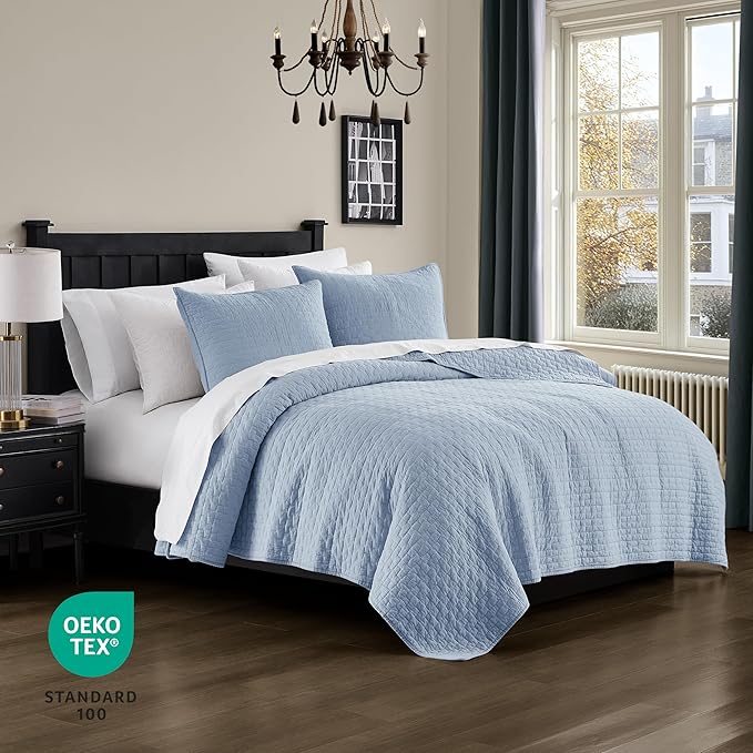 palassio Baby Blue 100% Cotton Quilt King Size Bedding Sets with 2 Pillow Shams, Textured Lightweight Soft Bedspread Shabby Chic Coverlet, Neutral Quilted Comforter Bed Cover for All Season, 3 Pieces