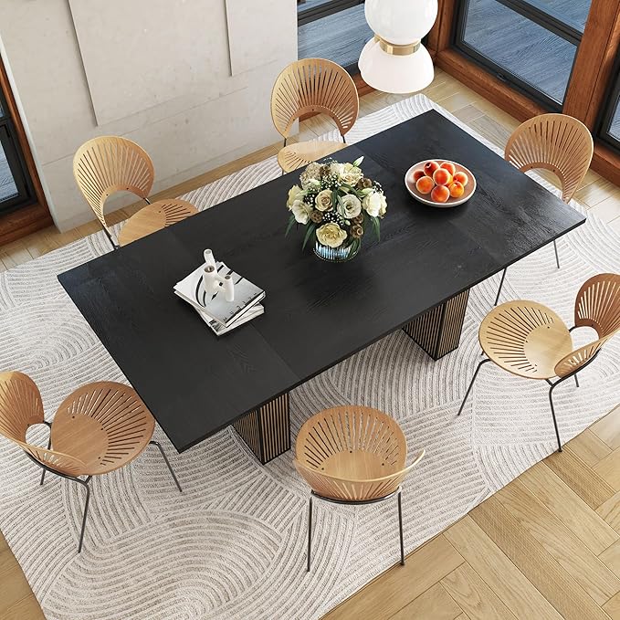 78 Inch Rectangular Dining Table for 6 to 10, Farmhouse Fluted Dining Kitchen Table, Modern Wood Long Dining Table for Kitchen Living Room, Black