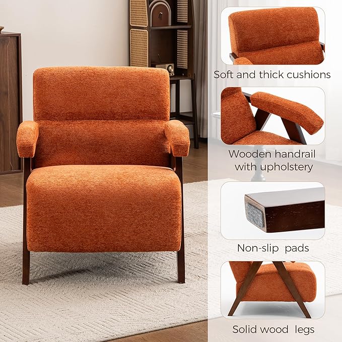 Accent Chair Set of 2 Mid Century Modern Living Room Chairs with Thick Cushion Comfy Upholstered Armchair Cozy Small Side Chairs for Reading Room Bedroom Orange