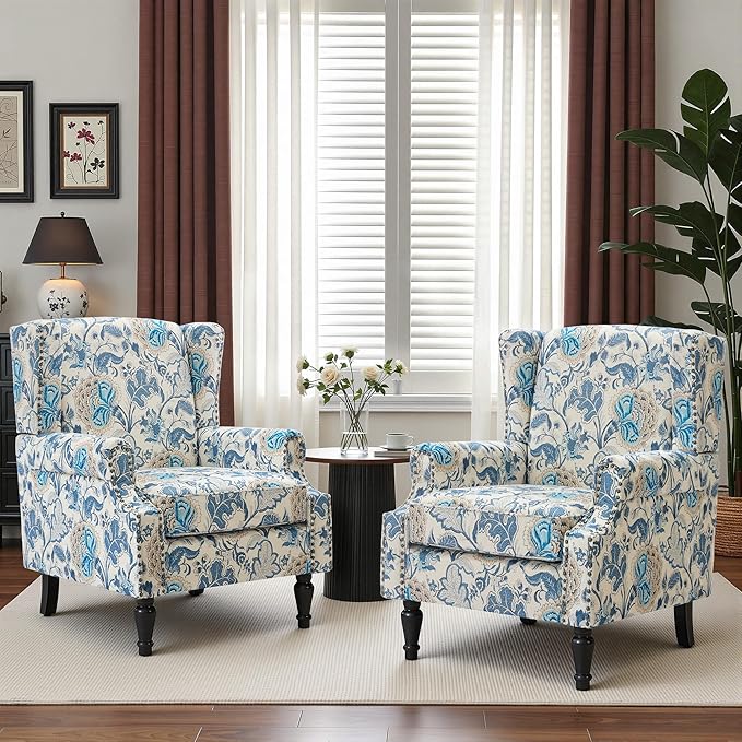 Wingback Chairs Set of 2, High Back Floral Accent Chair in Fabric, Comfy Upholstered Armchair with Nailhead Trim for Living Room, Single Sofa Reading Chair for Small Spaces, Bedroom-Boho Blue