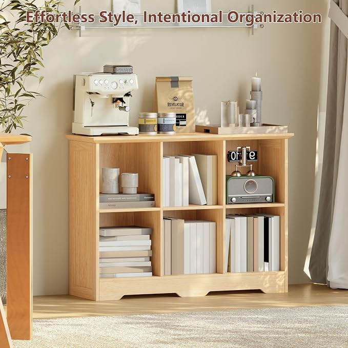 VORONOI 6 Cube Storage Organizer with 3 Fabric Drawers and Removable Shelves — Modular Cube Bookshelf for Bedroom, Living Room, or Home Office, Short Cube Bookcase for Toys, Decor,Natural Wood