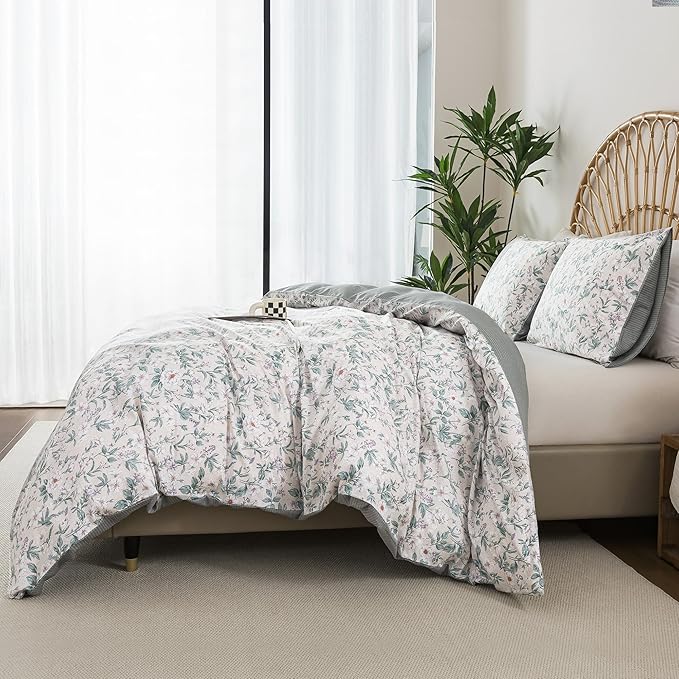 HoneiLife Floral Duvet Cover Queen - 100% Cotton Comforter Cover, Soft Botanical Bedlinen Set with Zipper Closure & Corner Ties,3-Piece Wildflower Comforter Cover Sets, Greenery