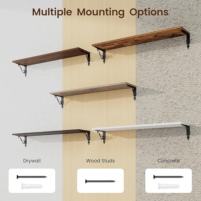 RICHFOCUS Floating Shelves for Wall Decor, 35.4W x 8D Wall Shelves Set of 2, 8 Inch Deep Rustic Wood Shelves Wall Mounted with Brackets, Long Floating Shelves for Living Room Bedroom Kitchen, Grey