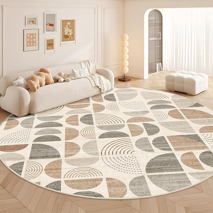 MUJOO Round Rugs 9ft,Circle Area Rug Washable,Circular Rugs for Living Room Dining Room,Large Boho Non Slip Throw Floor Carpet Modern Abstract Bohemian Neutral Beige