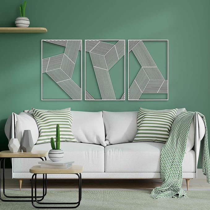 3D Geometric Wood Wall Art Set of 3, Abstract Architectural Line Panels, Mid Century Modern Minimalist Wooden Wall Decor, New Home Gift for Living Room and Bedroom