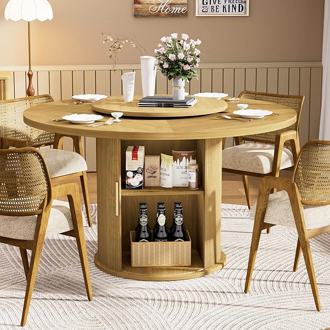 KEIKI 55" Round Dining Table for 4-6, Mid Century Modern Kitchen Table with Storage & Rotating Tabletop Tray, Wood Corner Dinner Desk for Living Room Breakfast Nook Restaurant, Easy Assembly, Natural