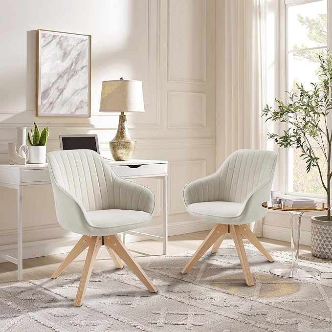 Art Leon Mid Century Modern Swivel Accent Chair with Oak Wood Legs, Desk Chair No Wheels, Armchair for Desk, Off White