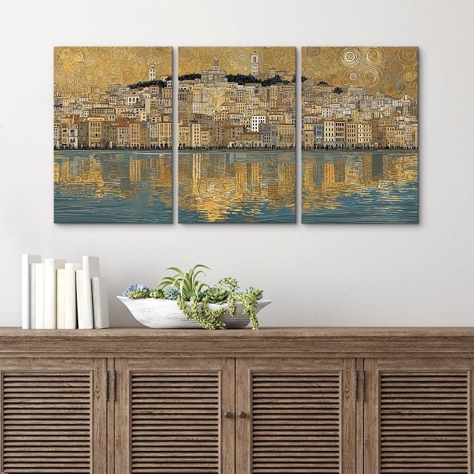 wall26 Canvas Print Wall Art Set Golden Cityscape Reflection Gustav Klimt Inspired Coastal TownDecorative Minimal Relax/Zen for Living Room, Bedroom, Office - 24"x36" x 3