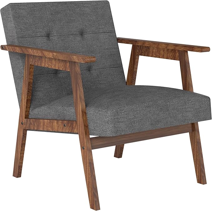 Mid Century Modern Armchair, Upholstered Fabric Lounge Chair with Walnut Finish Frame for Living Room, Comfortable Sofa Chair in Dark Gray