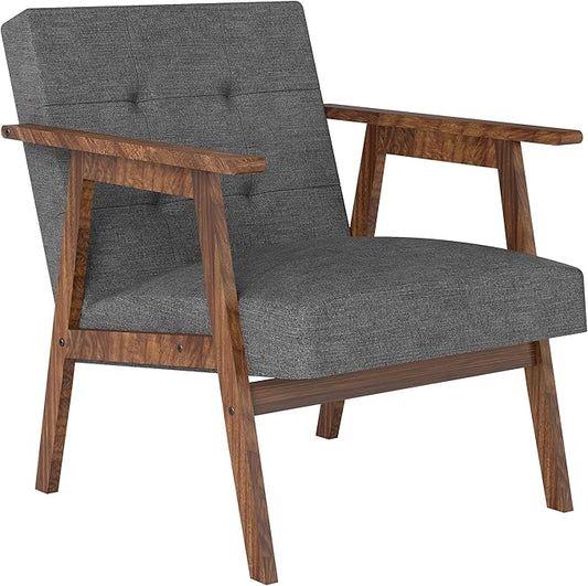 Mid Century Modern Armchair, Upholstered Fabric Lounge Chair with Walnut Finish Frame for Living Room, Comfortable Sofa Chair in Dark Gray
