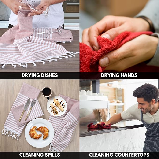 Turkish Kitchen Towels 18x26 Inches with Tassels - 4 Pack - Absorbent, Durable, Soft 100% Cotton Dish Towels for Drying & Cleaning - Machine Washable, Quick Dry - Rust