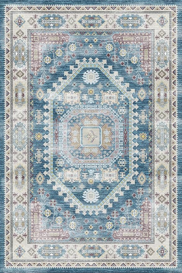 vivorug 6x9 Area Rug, Ultra-Soft Washable Rug for Living Room, Dinner Room, Bedroom, Non-Slip Vintage Medallion Rug, Indoor Carpet Large Area Rug, Blue