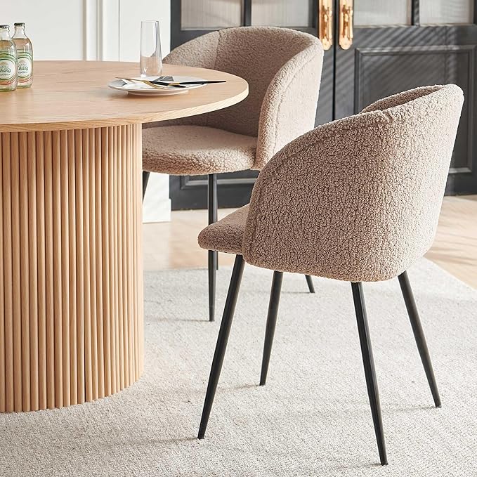 5 Piece Modern Round Dining Table and 4 Brown Barrel Kitchen Chairs Set, 47" Kitchen Coffee Table Wooden with Oak Veneer Tabletop, Faux Fur Sherpa Round Dining Chairs Table Set, Metal Frame