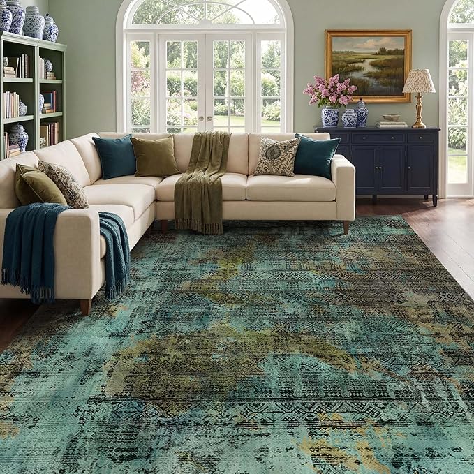Kokia Abstract 9x12 Area Rugs Living Room Washable Dark Green Low Pile Non-Slip Indoor Decor Carpet Foldable Stain Resistant Ombre Rugs Bedroom Dining Room, Oslo Moss