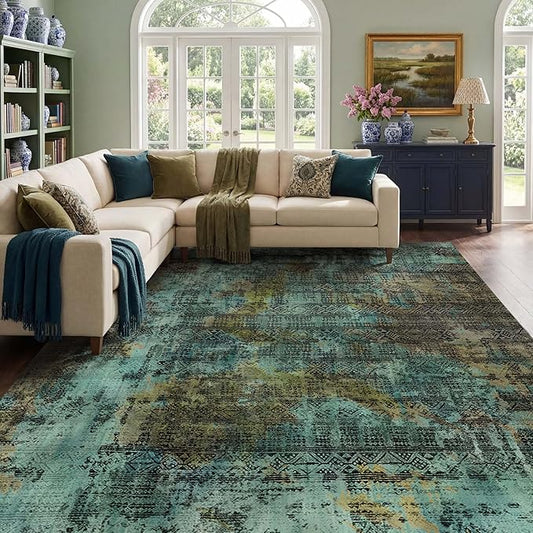 Kokia Abstract 9x12 Area Rugs Living Room Washable Dark Green Low Pile Non-Slip Indoor Decor Carpet Foldable Stain Resistant Ombre Rugs Bedroom Dining Room, Oslo Moss