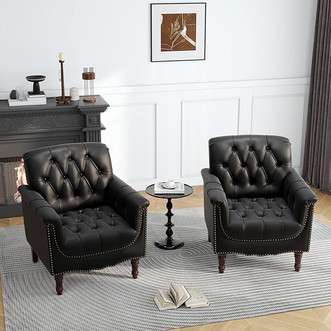 Faux Leather Accent Chair for Living Room, Upholstered Retro Armchair Tufted Club Arm Chair Single Sofa Lounge Bedroom Side Reading Seating with Solid Wood Legs, Black