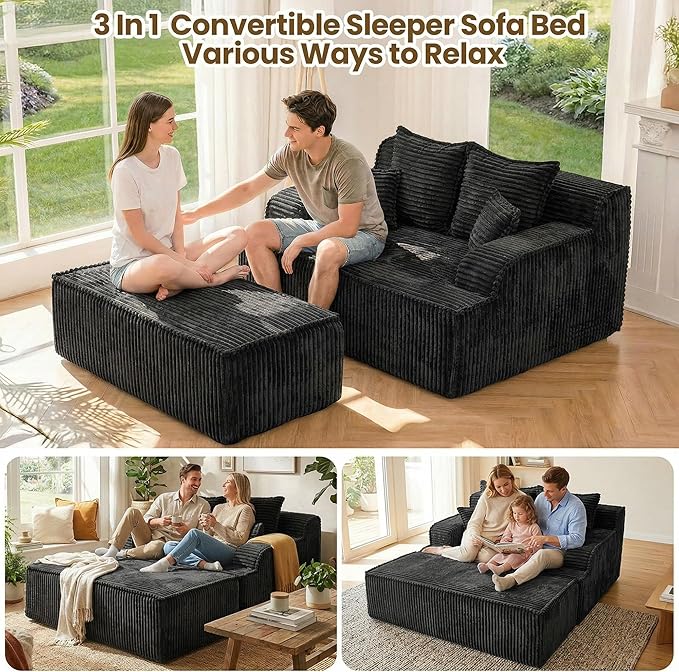 Chaise Lounge Chair Indoor,Boneless Chair with Ottoman,Comfy Reading Chair for Adults,Small Sofa Bed Couch for Living Room,Double Size,Black