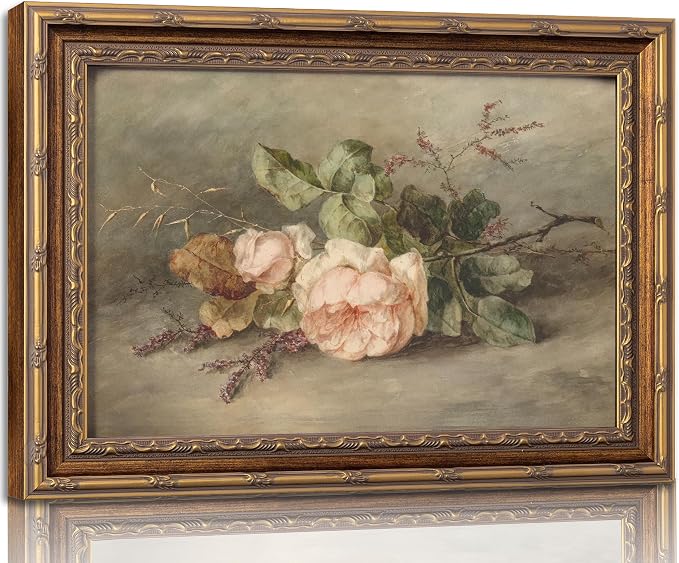 Vintage Gold Framed Flower Still Life Wall Art Retro Rose and Wildflower Wall Decor Pink Floral Print artwork Farmhouse Country Flower painting Picture for Gallery Kitchen Living Room Bedroom 12X16in