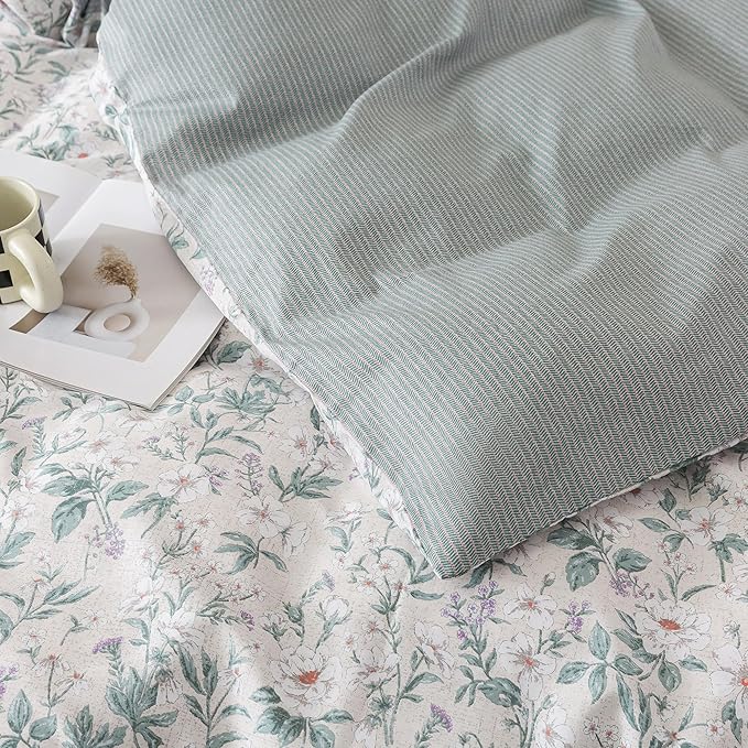 HoneiLife Floral Duvet Cover King - 100% Cotton Comforter Cover, Soft Botanical Bedlinen Set with Zipper Closure & Corner Ties,3-Piece Wildflower Comforter Cover Sets, Greenery