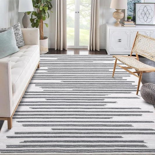 Washable 10x13 Modern Abstract Area Rug for Living Room Low Pile Soft Bedroom Rugs Non Slip Abstract Lines Large Carpet Thin Foldable Modern Indoor Carpet for Playroom Open Living Room, Beige Grey