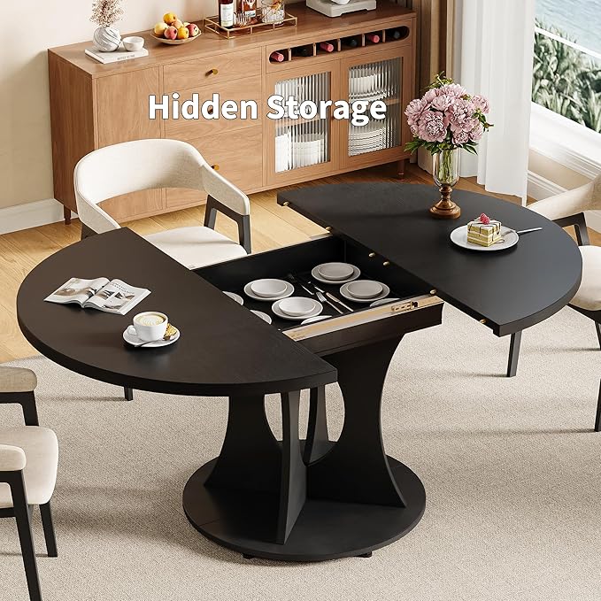 iPormis 43.3-59 Inch Extendable Round Dining Table for 6-8 People, Oval Dinner Table with Adjustable Top and A Stable Round Pedestal Base, Space Saving Wooden Kitchen and Dining Table, Black