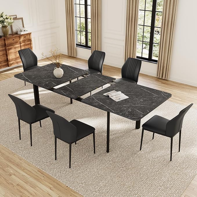Extendable Dining Table Set for 6-8 People, 63 to 78.7 Inch MDF Kitchen Table with 6 Faux Leather Dining Chairs, Space-Saving for Dining Room, Breakfast Nook (Dark Grey Table & 6 Black Chairs)