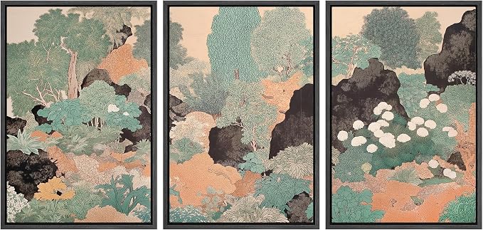 wall26 Framed Print Wall Art Set Vintage Japanese Garden Landscape Decorative Minimal Relax/Zen for Living Room, Bedroom, Office - 16"x24"x3 Black