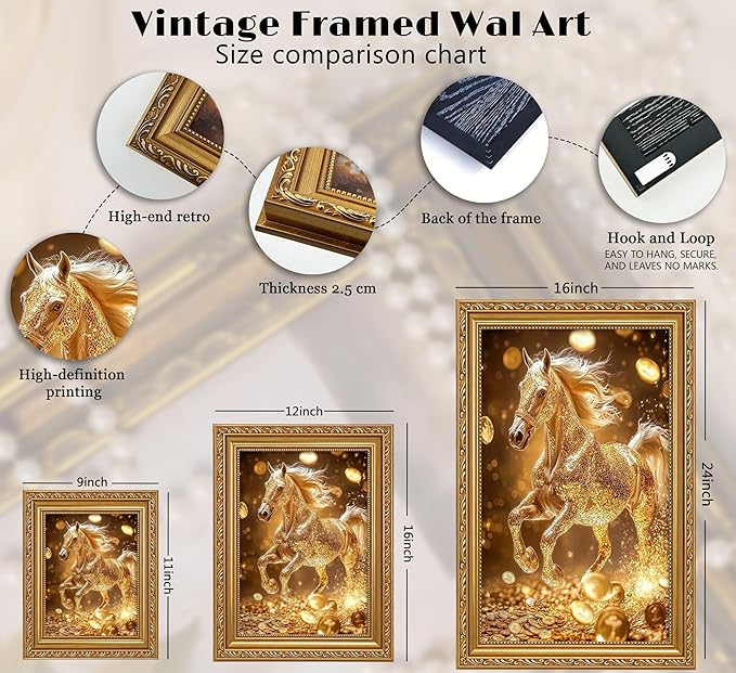 Vintage Gold Framed Gold Horse wall art Golden Money and Horse Wall Decor Wealth and Horses print artwork for office Business People Living Room home decor 16X24in