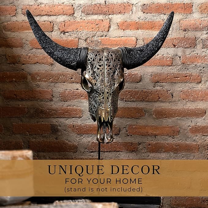 Skull Bliss - Hand-Carved Real Authentic Taxidermy Cow Skull/Bull Skull Wall Decor with Horns/Real Animal Cow Skull Wall Decor (Hand-Carved Horns)