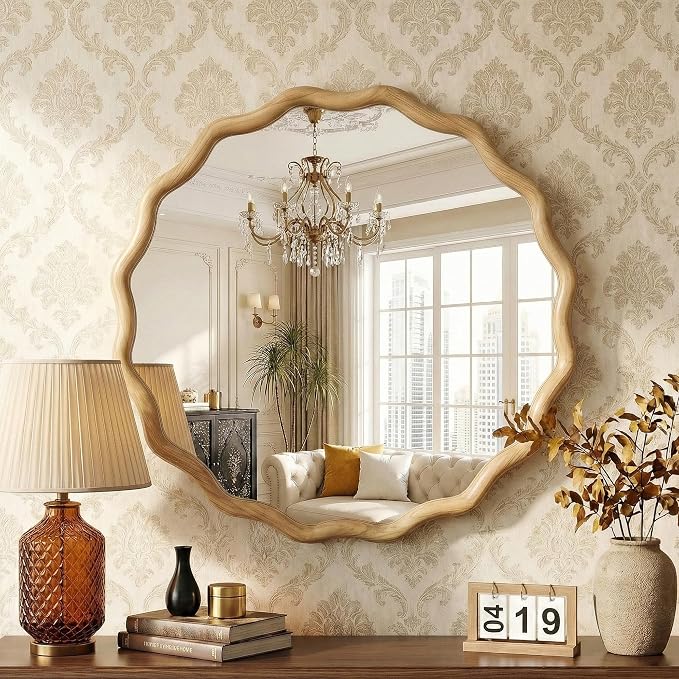 TRAHOME Round Wood Mirrors for Wall, 24" Boho Cirecle Wavy Mirror with Wooden Frame, Decorative Mirror with Tempered Glass, Natural Wooden Frame Vanity Mirror for Bedroom, Living Room, Entryway