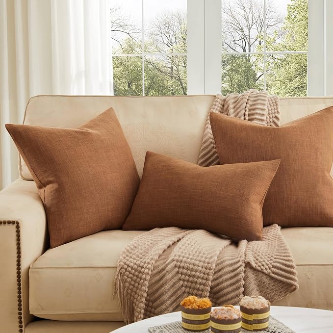 ZeeMart Rustic Cotton Linen Throw Pillow Covers Set of 2, 22x22 Inch Caramel, Farmhouse Style Decorative Couch Pillow Cases Cushion Covers for Sofa Bed Living Room Home Decor