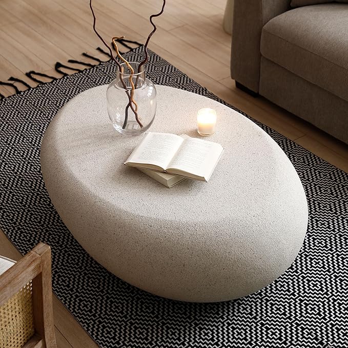 Coffee Table, 43.31" Fiberglass Matte Rocks Table Irregular Stone Center Table for Living Room Apartment, No Assembly, Cream White