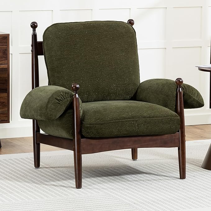AQO Mid Century Modern Accent Chair with Arms, Upholstered Spindle Chair with Wood Frame, High-Resilience Sponge Cushion for Living Room Bedroom Office
