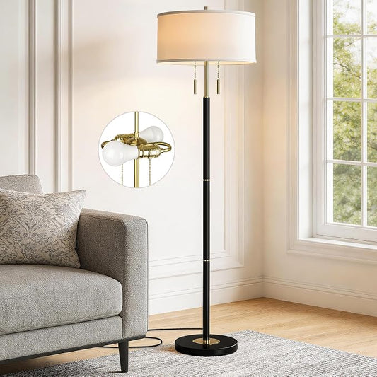 2-Light Mid Century Modern Floor Lamp, Standing Lamp with Fabric Shade and Pull Chain Switch, Tall Floor Lamp for Living Room, Bedroom,Office Corner (Black, 2X 3CCT Bulb Included)