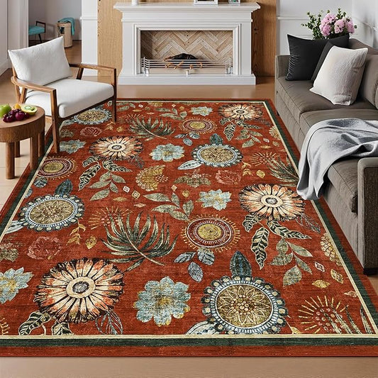 Washable 8x10 Modern Floral Area Rug Ultra Soft Thin Bedroom Carpet Non Shed Large Rugs Non Slip Living Room Rustic Rug Stain Resistant Indoor Home Decor Carpet for Farmhouse Dining Room, Brick Red