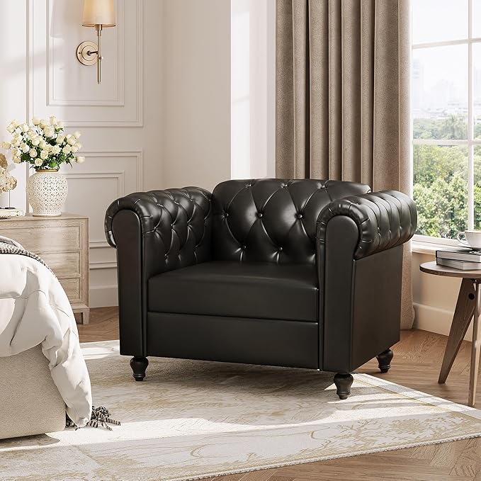 Black Faux Leather Accent Chairs, Button-Tufted Upholstered Club Chair Retro Armchairs, Mid Century Modern Accent Chair with Solid Wood Legs, Cozy Chesterfield Couch Chairs for Living Room, Bedroom