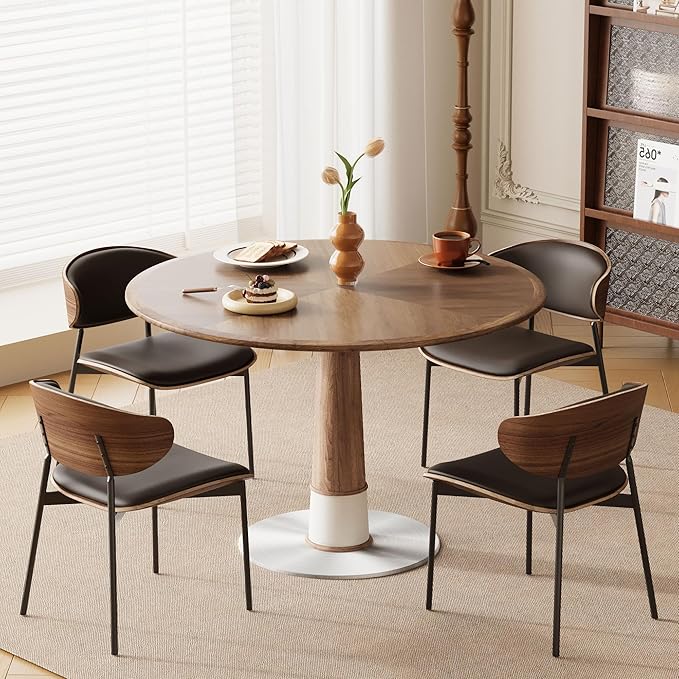 Modern Round Dining Table for 4-6 People, 47.2" Small Circle Pedestal Kitchen Table with Metal Base for Dining Room, Kitchen or Living Room, Walnut