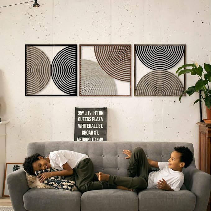 Mid Century Wood Wall Art Large, Boho Style Modern Wooden Wall Decor, Set of 3 Abstract Geometric Wall Hangings, Housewarming Gift for Living Room and Bedroom