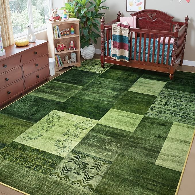 Tepook 6x9 Green Area Rugs for Living Room, Modern Large Geometric Rug for Bedroom, Washable Patchwork Rug Indoor Non Slip Throw Carpets for Dining Room Office Farmhouse Home Decor