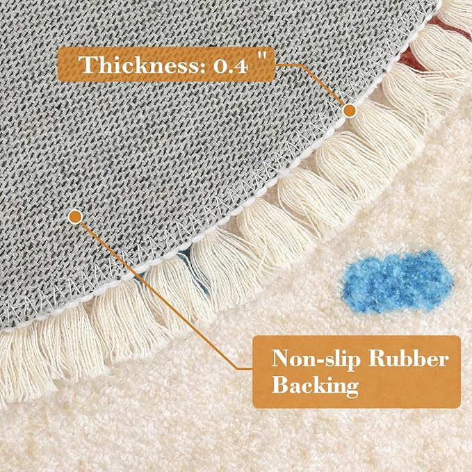 Lukinbox Boho Bathroom Rugs -2Ft Washable Round Area Rug, Soft Circle Bedroom Rug with Fringes, Small Colorful Non-Slip Sun Circular Rainbow Throw Rugs for Kids Room Chair Sofa Entryway