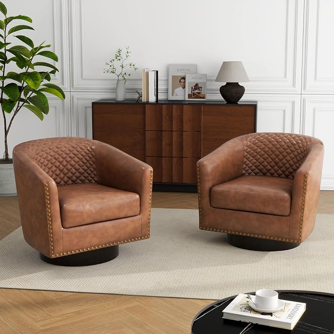 Swivel Barrel Accent Chair Set of 2, Comfy Modern Upholstered Round Faux Leather Arm Chair for Living Room, Bedroom, Brown