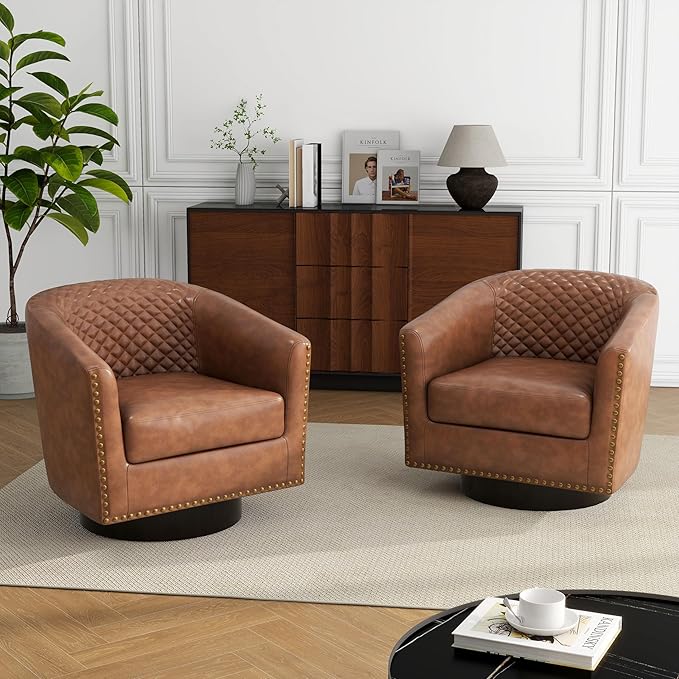 Swivel Barrel Accent Chair, Comfy Modern Upholstered Round Faux Leather Arm Chair for Living Room, Bedroom（Brown, Set of 4