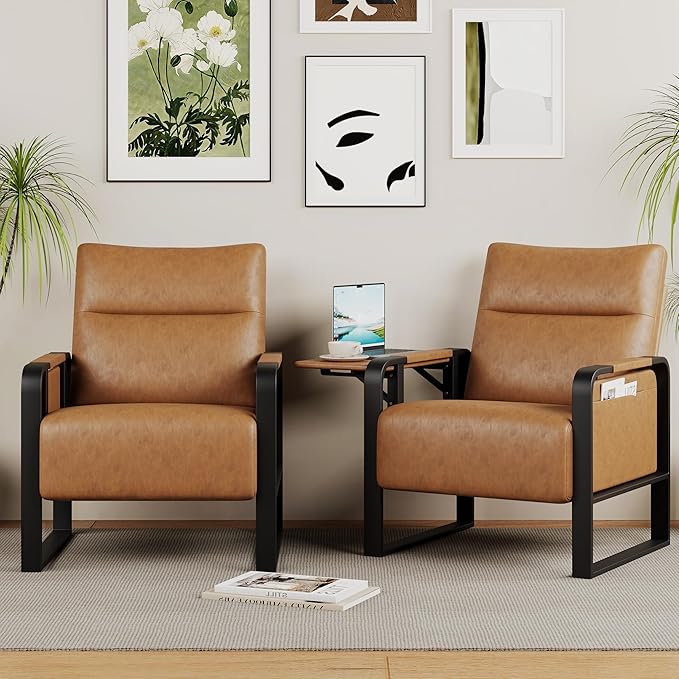 Upholstered Living Room Chair Armchair, Mid Century Faux Leather Metal Accent Chair, Reception Couch Office Guest Chair Slipper Club Lounge Single Sofa with Sidetable for Bedroom-Light Brown