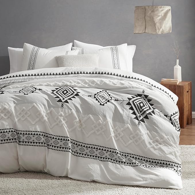 Oli Anderson Boho Duvet Cover Set Queen Size, Black and White Color Clash 3 PCS Microfiber Bedding Set, Durable and Super Soft Duvet Covers with Zipper and Ties, 90"*90"