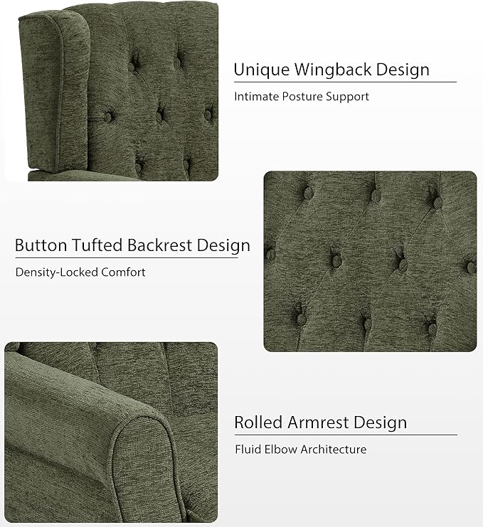Lumibee High Back Accent Chairs Set of 2,Upholstered Wingback Armchair with Solid Wood Legs for Small Spaces,Comfy Single Sofa Chair for Living Room, Bedroom, Office-Green