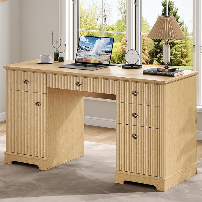 59" Modern Executive Desk with Drawers, Wood Home Office Computer Desk with Charging Station, 5 Drawers & 1 Cabinet, File Drawer, Fluted Computer Writing Desk for Study, Living Room, Bedroom, Oak